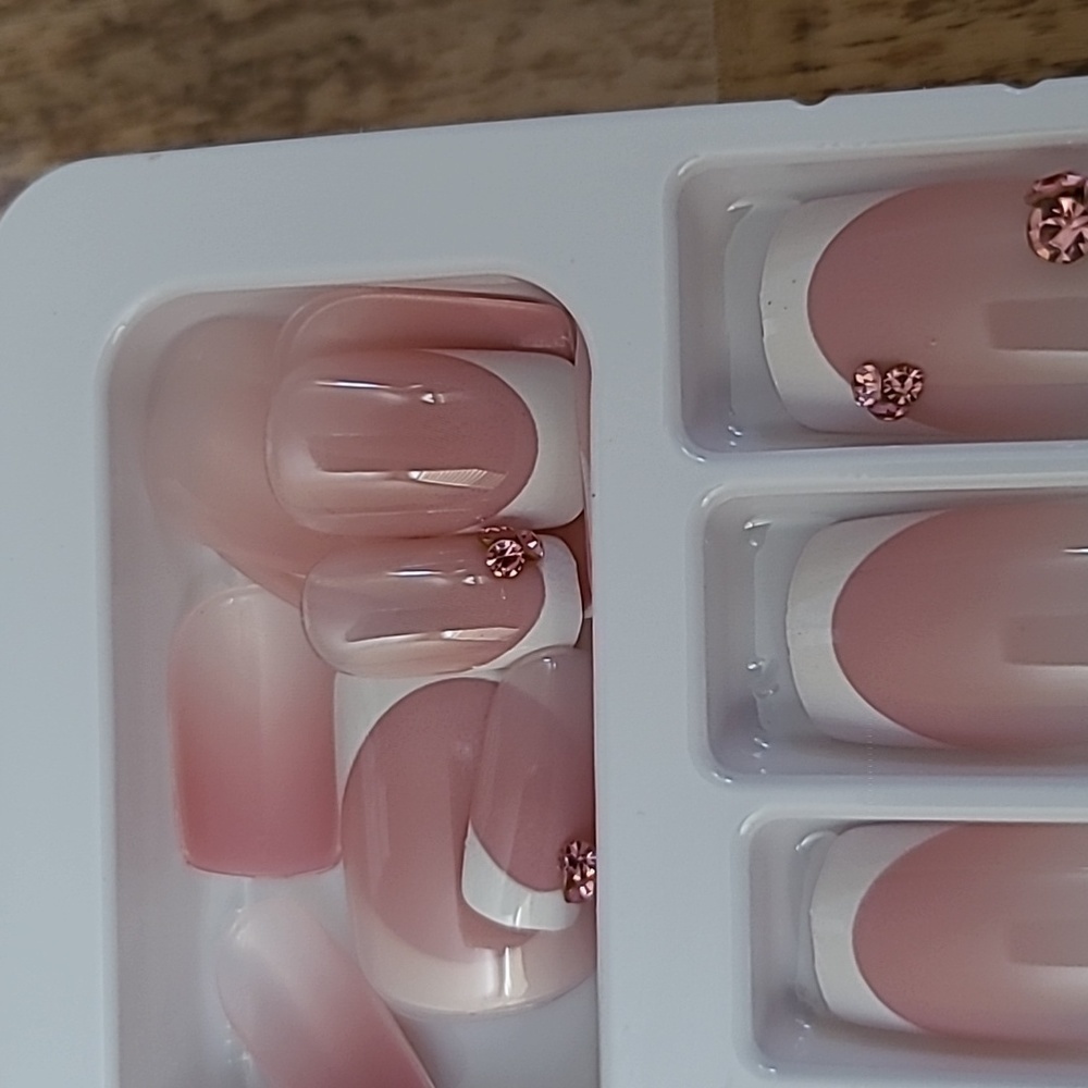 Pink Rhinestone French Manicure Press On Nails - Picture 9 of 14